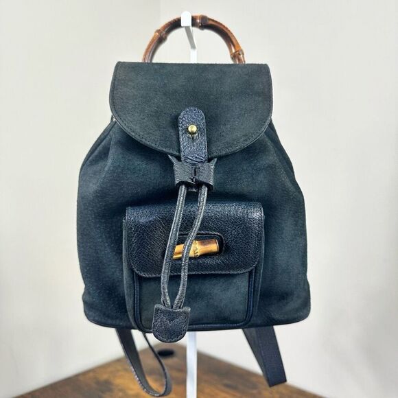 Gucci Handbags - Gucci Bamboo Vintage Suede Backpack Navy Blue